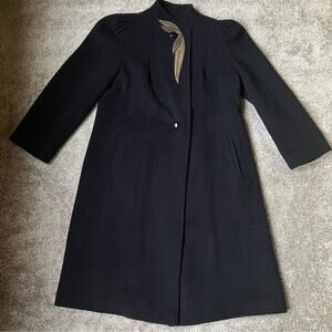 Women's Vintage Navy Wool Coat Long Minimalist Stand Collar Winter Overcoat